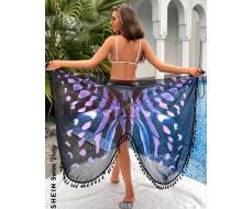 SHEIN Swim Vcay Butterfly Print Tassel Trim Kimono