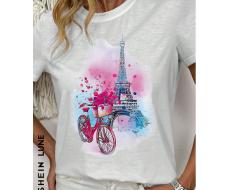 SHEIN LUNE Paris Eiffel Tower & Bicycle Print Round Neck Short Sleeve T-Shirt, Perfect For Valentine's Day SKU: sz2401033505410014