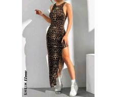 SHEIN EZwear Leopard Print V-Neck Sleeveless Split Dress