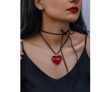 Потрясающее Ожерелье-Сердечко из Красного Стекла на Черном Кожаном Шнурке - Идеальный Подарок для Нее