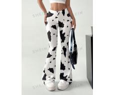 SHEIN EZwear Cow Print Elastic Waist Flare Pants SKU: sz2403145985444946