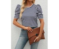 SHEIN LUNE Women's Striped Round Neck Short Sleeve T-Shirt With Gigot Sleeve For Summer Casual Occasions SKU: sz2303225690980155