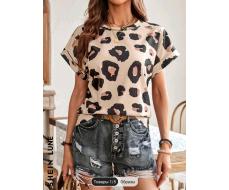 SHEIN LUNE Summer Leisure Round Neck Leopard Print Batwing Sleeve T-Shirt
