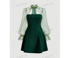 SHEIN MOD Ladies' Mesh Patchwork Sheath Green Princess Neck Tie Long Puff Sleeves Dress SKU: sz2305232987743143