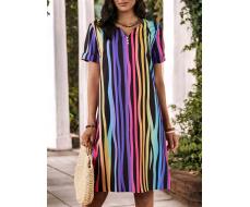 EMERY ROSE Women's Summer Holiday Casual Striped Short Sleeve Colorblock Dress