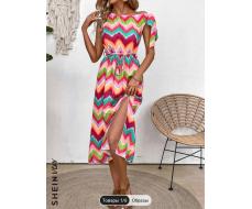 SHEIN VCAY Oblique Shoulder Tie Waist Color Block Dress With High Slit For Summer