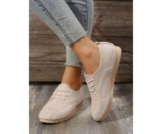 Faux Suede Lace-up Front Flat Oxfords, Beige Elegant Solid Color Women's Flat Shoes SKU: sx2208015319144366