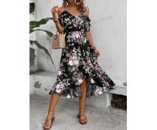 SHEIN LUNE Women'S Off-Shoulder Floral Print High-Low Hem Dress