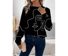 SHEIN LUNE Women's Casual Portrait Line Graphic Long Sleeve T-Shirt, Suitable For Autumn And Winter SKU: sz2409288585151113