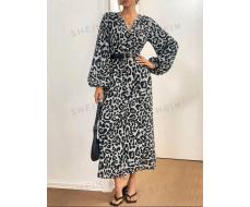 SHEIN Essnce Women's Fall Casual Leopard Printing Shirt Collar Printed Dress Dresses Fall Dresses Fall Outfits