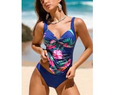 SHEIN Swim Lushore Summer Beach Women's Twist Detail Tropical Print Cami Top And Triangle Bottom Tankini Set Carnival SKU: sz2311164460237877