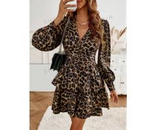 SHEIN Privé Leopard Print Lantern Sleeve Layer Hem Dress SKU: sz2308080047888934