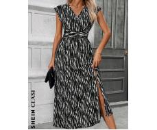 SHEIN Clasi Women's Fashionable V-Neck Random Printed Slit Dress