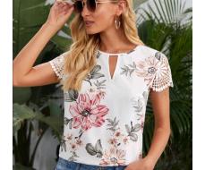 SHEIN Clasi Keyhole Neck Lace Sleeve Floral Top