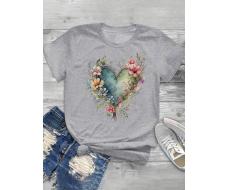 SHEIN LUNE Casual Short Sleeve Heart & Floral Pattern Round Neck T-Shirt SKU: sz2403046550089820