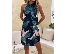 SHEIN VCAY Plant Print Halter Neck Dress