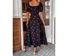 Women's Heart Print Square Neck High Slit Hem Dress