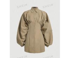 SHEIN MOD Solid Ruched Bust Lantern Sleeve Shirt Dress SKU: sz2308256116013816