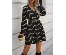 SHEIN LUNE Chevron Print Lantern Sleeve Dress Without Belt SKU: sz2309287841272015