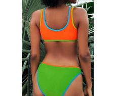 SHEIN Swim Vcay Ladies Beach Vacation Contrast Color Edge Swimsuit Set For Summer Beach SKU: sz2403064433413383