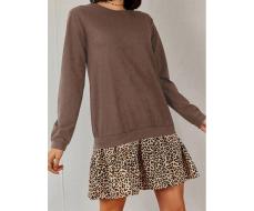 Cottnline Contrast Leopard Print Ruffle Hem Round Neck Sweatshirt Dress SKU: sz2310162637635211