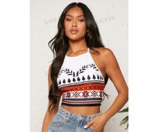 SHEIN VCAY Vacation Summer Casual Halter Neck Leaf Printed Crop Top, Cold Shoulder Top, Halter Top, BOHO Top, Summer Tops SKU: sz2401034618088038