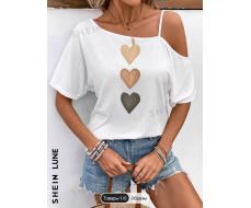 SHEIN LUNE Casual And Simple Heart Pattern Short-Sleeved Loose Women T-Shirt Suitable For Summer Love