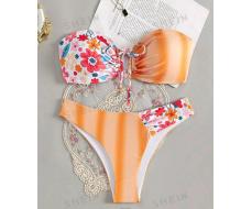 SHEIN Swim Women's Small Floral Print Splicing Swimwear Set