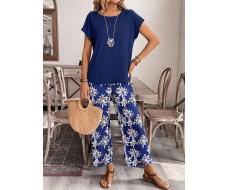 КОМПЛЕКТ  SHEIN LUNE Ladies' Simple Solid Color Short Sleeve And Printed Long Pants Two-Piece Set For Daily Wear SKU: sz2404197906355791