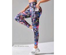 SHEIN Sport Studio Allover Print Wideband Waist Sports Leggings With Phone Pocket