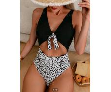 Ladies' Dalmatian Printed Cutout Front Knotted One-Piece Swimsuit