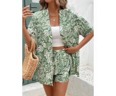 КОМПЛЕКТ  SHEIN Frenchy Women's Tropical Botanical Printed Kimono Shirt Shorts Set, Hawaiian Loose Set, Women's Casual Printed Top And Shorts Set, Summer Cardigan Set, Green Set SKU: sz2403218193106668