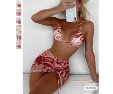 SHEIN Swim Summer Beach Marble Print Bikini Set Halter Triangle Bra & Bikini Bottom & Drawstring Cover Up Skirt 3 Piece Bathing Suit SKU: sW210312014174469