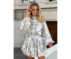 Elegant Long Sleeve Tie-Up Waist Random Print Dress SKU: sz2409065606315409