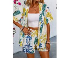 КОМПЛЕКТ  SHEIN VCAY Women's Tropical Plant Printed Short Sleeve Open Front Kimono And Shorts Casual 2pcs Set For Vacation SKU: sz2404178165075790