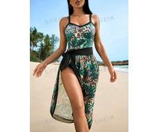 SHEIN Swim Vcay Leopard & Tropical Print One Piece Swimsuit With Beach Skirt