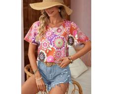 SHEIN VCAY Women's Bohemian Style Vacation Printed Shirt With Off-Shoulder And Ruffled Hem For Summer SKU: sz2404012212666038