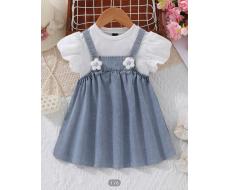 Baby Girl Casual Plain Top And 3d Flower Denim Overall Dress Set, Holiday