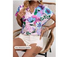 SHEIN VCAY Floral Print Notched Neck Batwing Sleeve Blouse