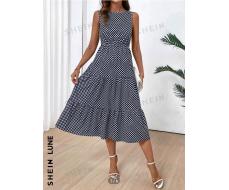 SHEIN LUNE Women's Summer Polka Dot Print Crew Neck Sleeveless Ruffle Hem Elegant Dress