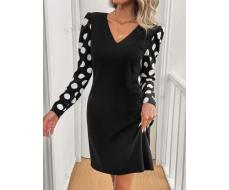 SHEIN LUNE Women's Casual Polka Dot Print Puff Sleeve Black Knitted Dress, Sleeve Dress SKU: sz2406225871511032