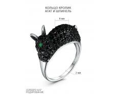 Кольцо из серебра с зелёным агатом и чёрной шпинелью родированное - Кролик 1-505рч41609