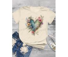 SHEIN LUNE Casual Short Sleeve T-Shirt With Heart & Flower Patterned Round Neck