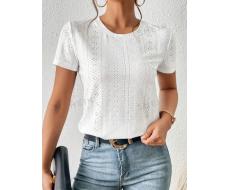 SHEIN Frenchy Solid Eyelet Embroidery Round Neck White Tee SKU: sz2303266866326261