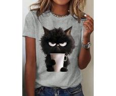 SHEIN LUNE Cat Print Round Neck Short Sleeve T-Shirt SKU: sz2402297600077613