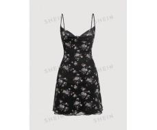 SHEIN MOD Floral Print Cami Black Swing Collar Mesh Print Dress SKU: sz2305188152707003