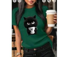 SHEIN LUNE Casual Cat Graphic Round Neck Short Sleeve T-Shirt