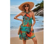 Летнее пляжное женское платье SHEIN VCAY с цветочным принтом тропических растений и перекрестными бретельками на бретельках на бретельках Артикул: sz2310319250229141