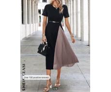 SHEIN Clasi Two Tone Pleated Hem Dress Without Belt