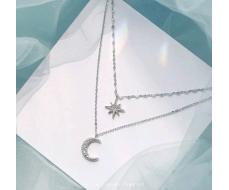 1pc Design Sense Light Luxury New Silver Flash Diamond Star Moon Double Necklace Small Female Collarbone Chain